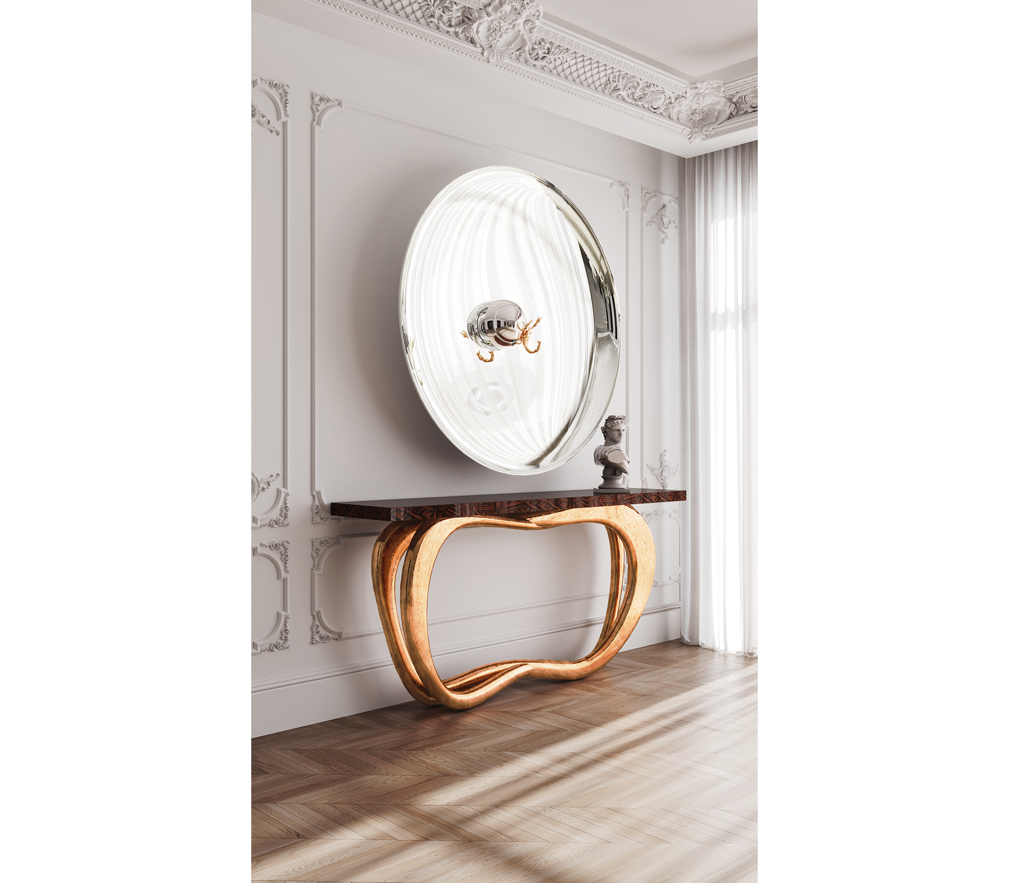 Infinity Consoles Curved Copper Leaf Entryways Cabinet Table