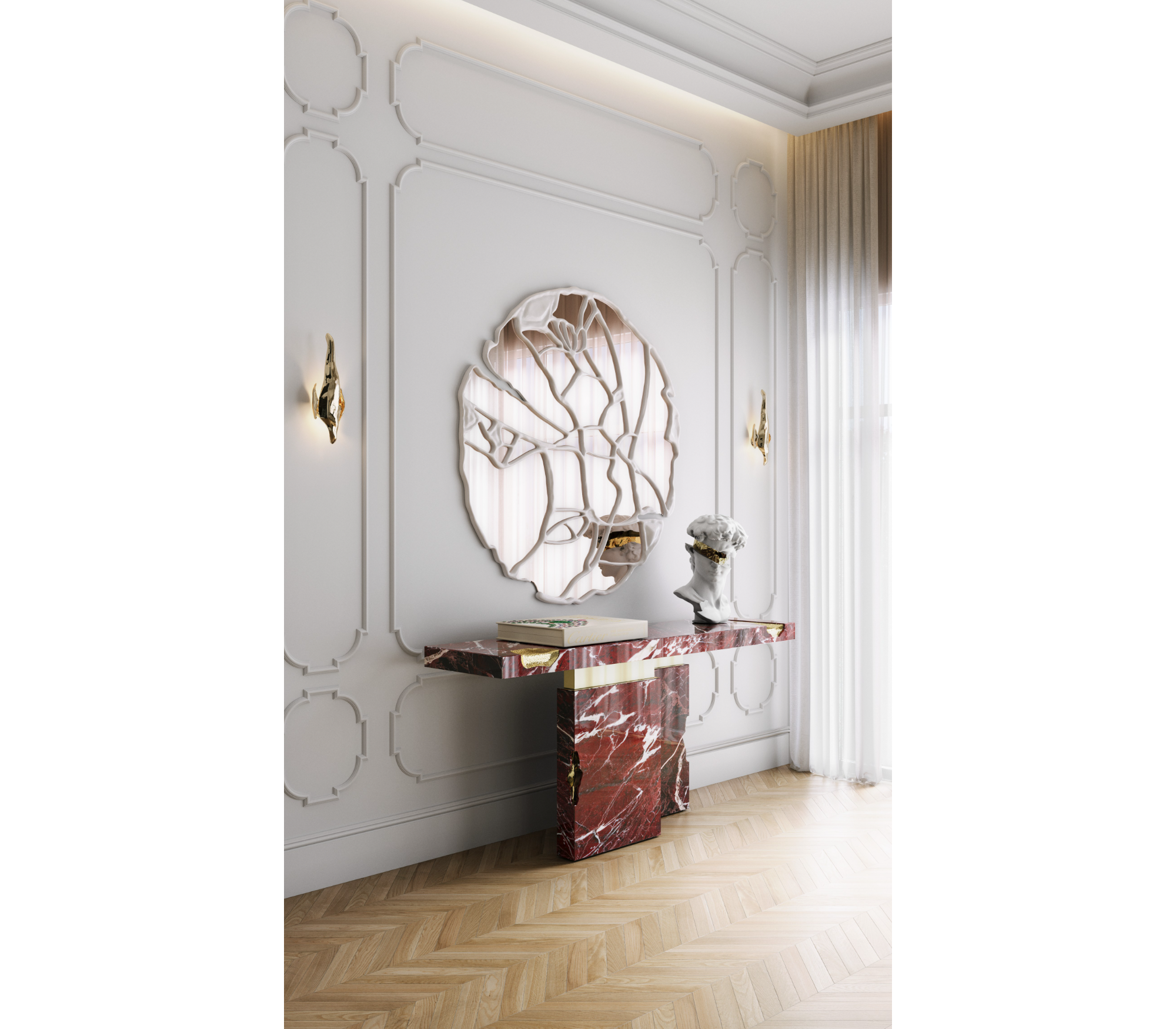 Brass Mirrored Gold Sculptural Form Cabinet Entryway