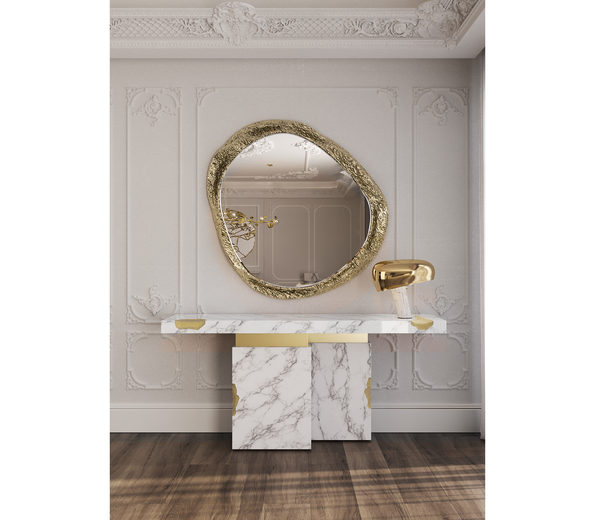 Brass Mirrored Gold Sculptural Form Cabinet Entryway