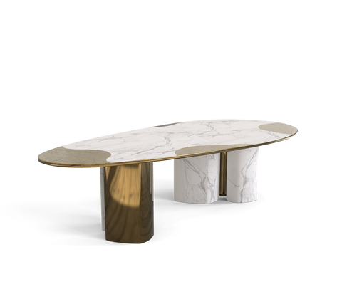 Ophelia Oval Carrara Marble and Gold Dining Table