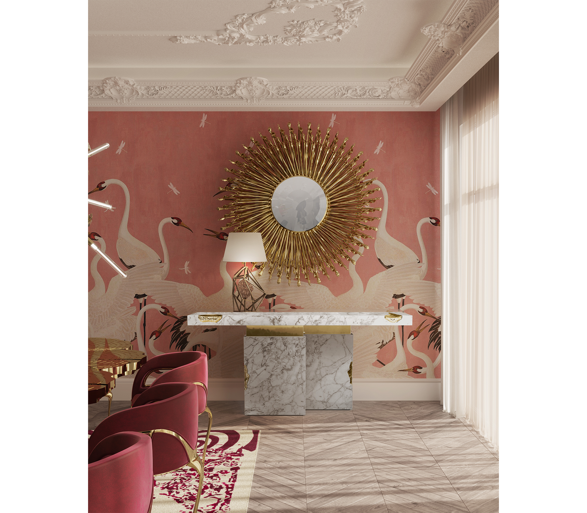 Brass Mirrored Gold Sculptural Form Cabinet Entryway