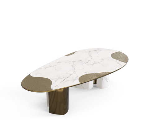 Ophelia Oval Carrara Marble and Gold Dining Table