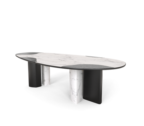 Ophelia Oval Carrara Marble and Gold Dining Table