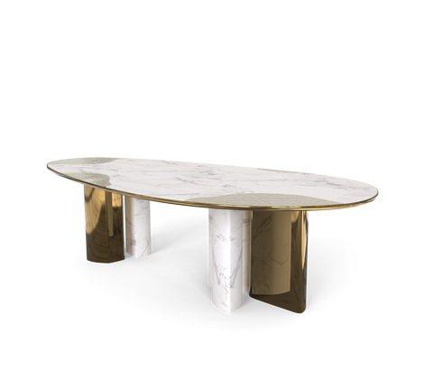 Ophelia Oval Carrara Marble and Gold Dining Table