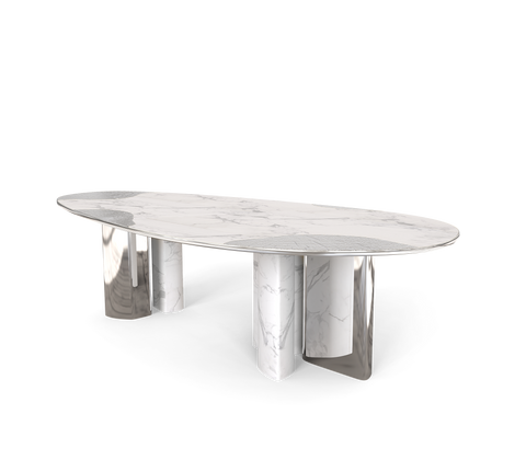 Ophelia Oval Carrara Marble and Gold Dining Table
