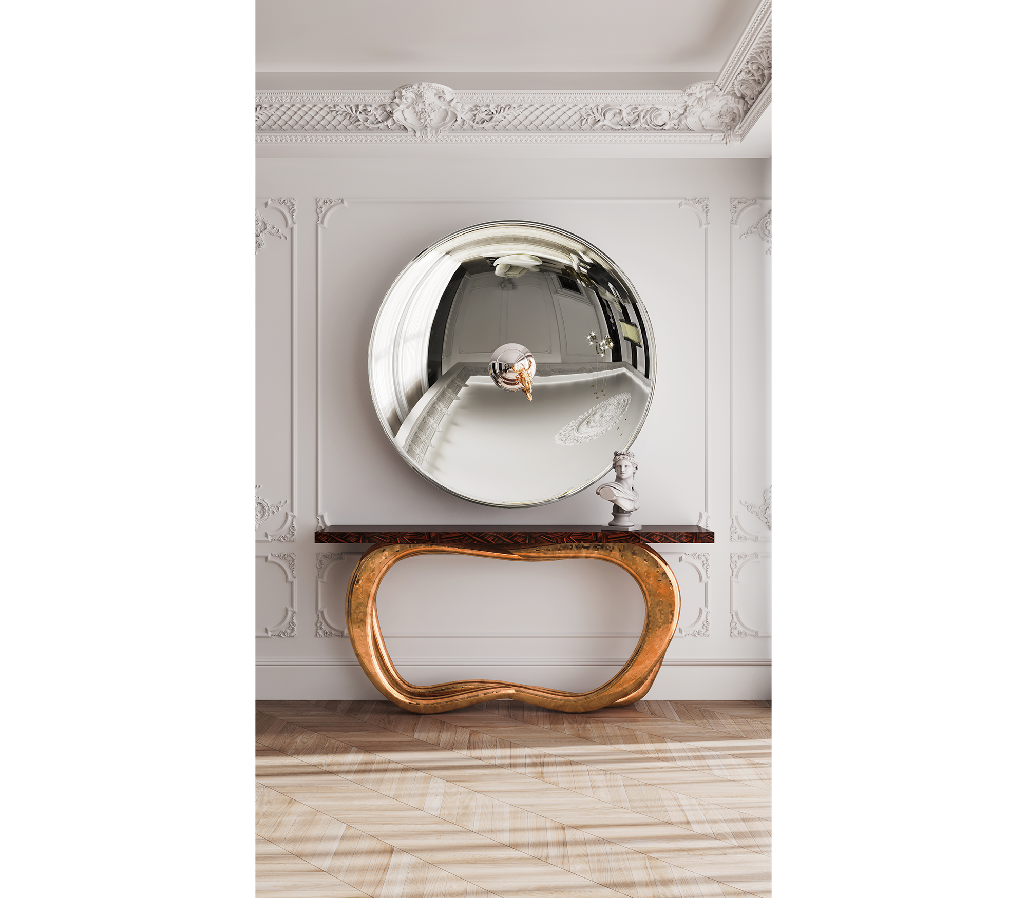 Infinity Consoles Curved Copper Leaf Entryways Cabinet Table