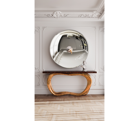 Infinity Consoles Curved Copper Leaf Entryways Cabinet Table