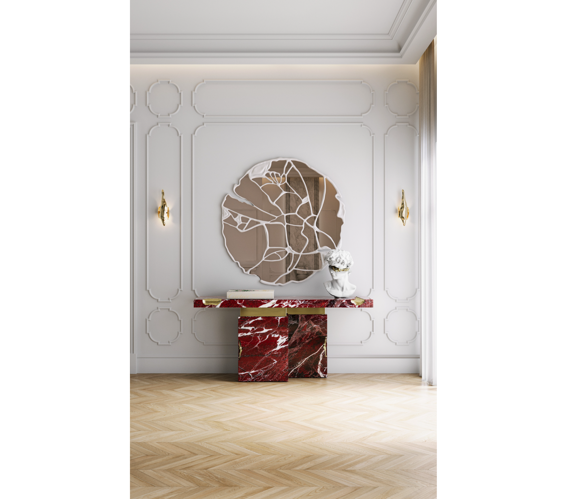 Brass Mirrored Gold Sculptural Form Cabinet Entryway