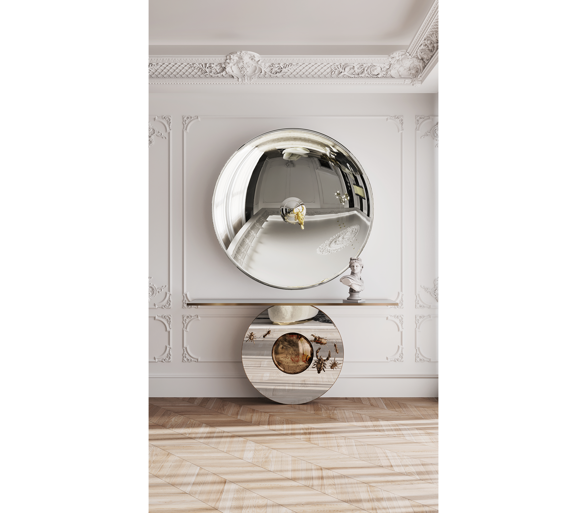 Brass Mirrored Gold Sculptural Form Cabinet