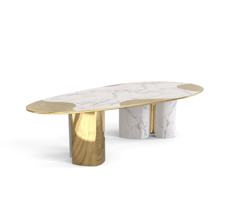 Ophelia Oval Carrara Marble and Gold Dining Table