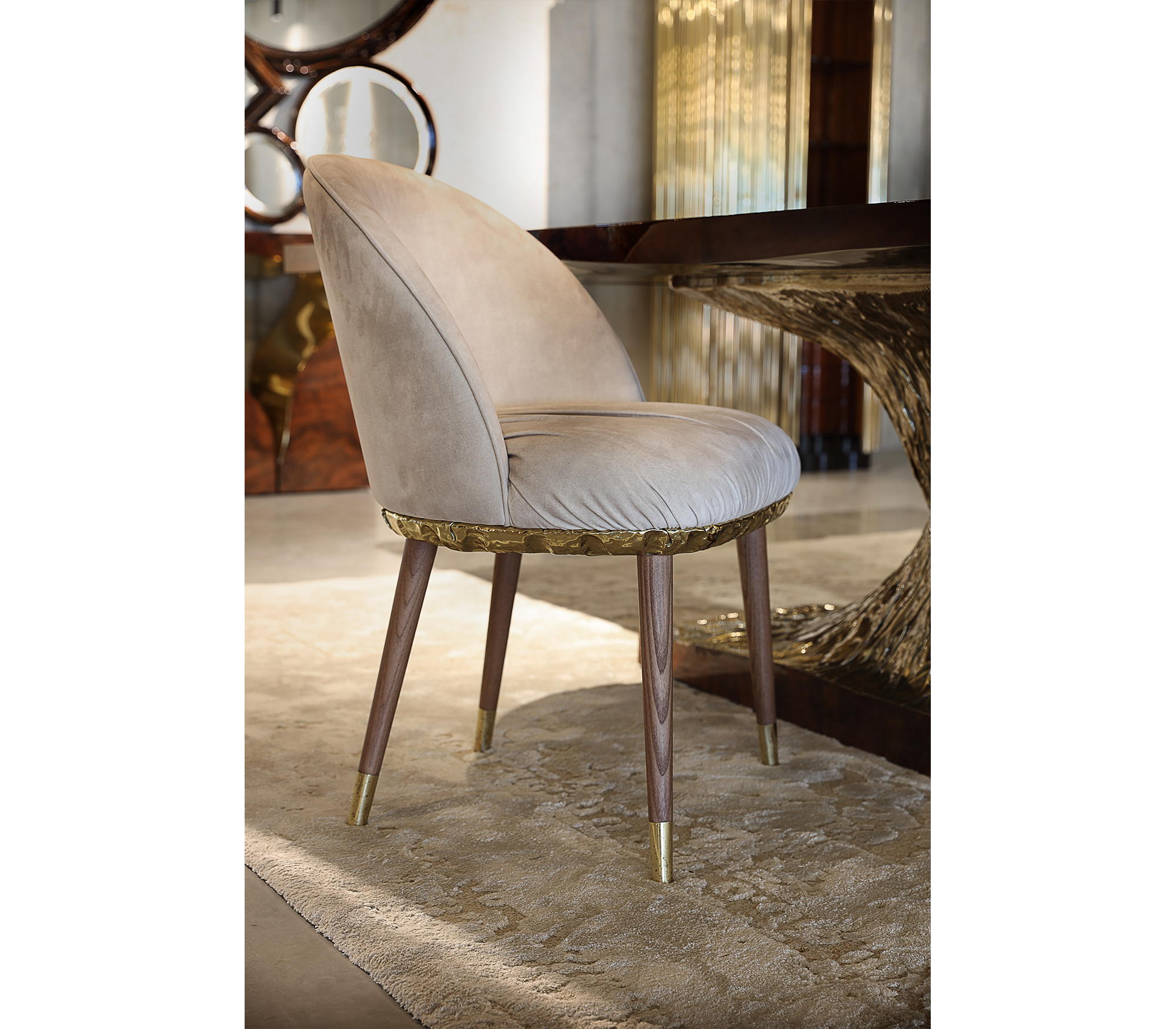 Imperfectio Hammered Brass Textured Velvet Dining Chair