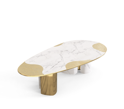 Ophelia Oval Carrara Marble and Gold Dining Table