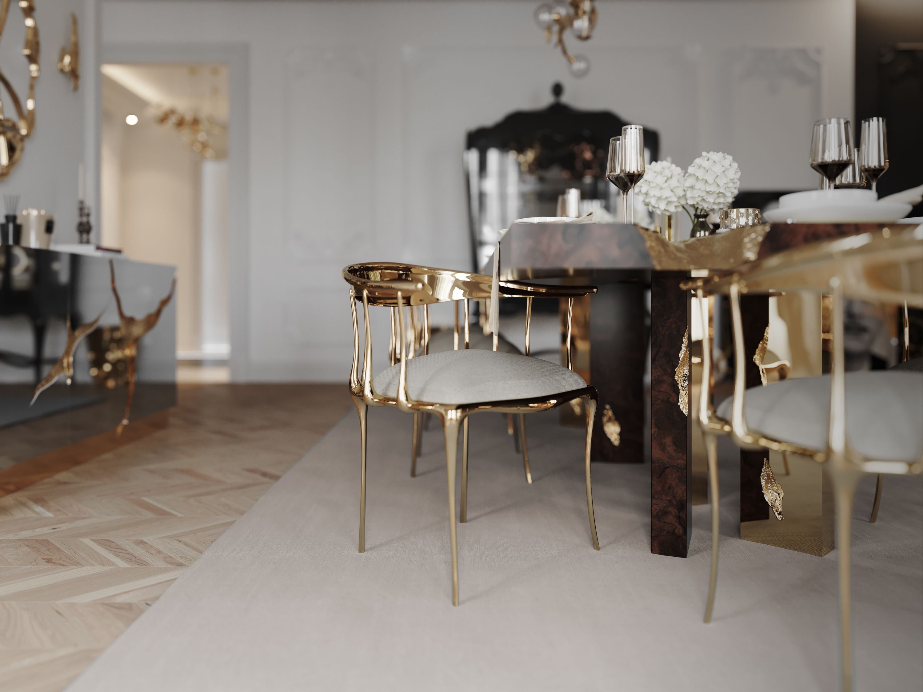 No 11 Cream Velvet Surrealist Polished Gold Dining Chair