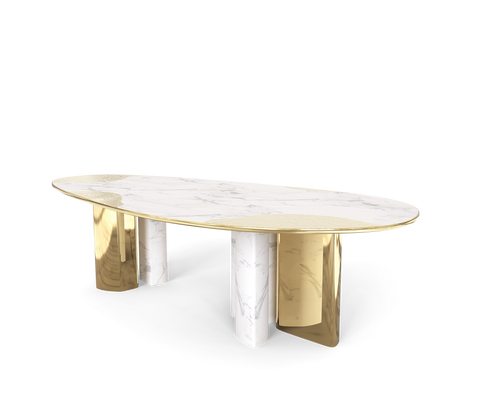 Ophelia Oval Carrara Marble and Gold Dining Table
