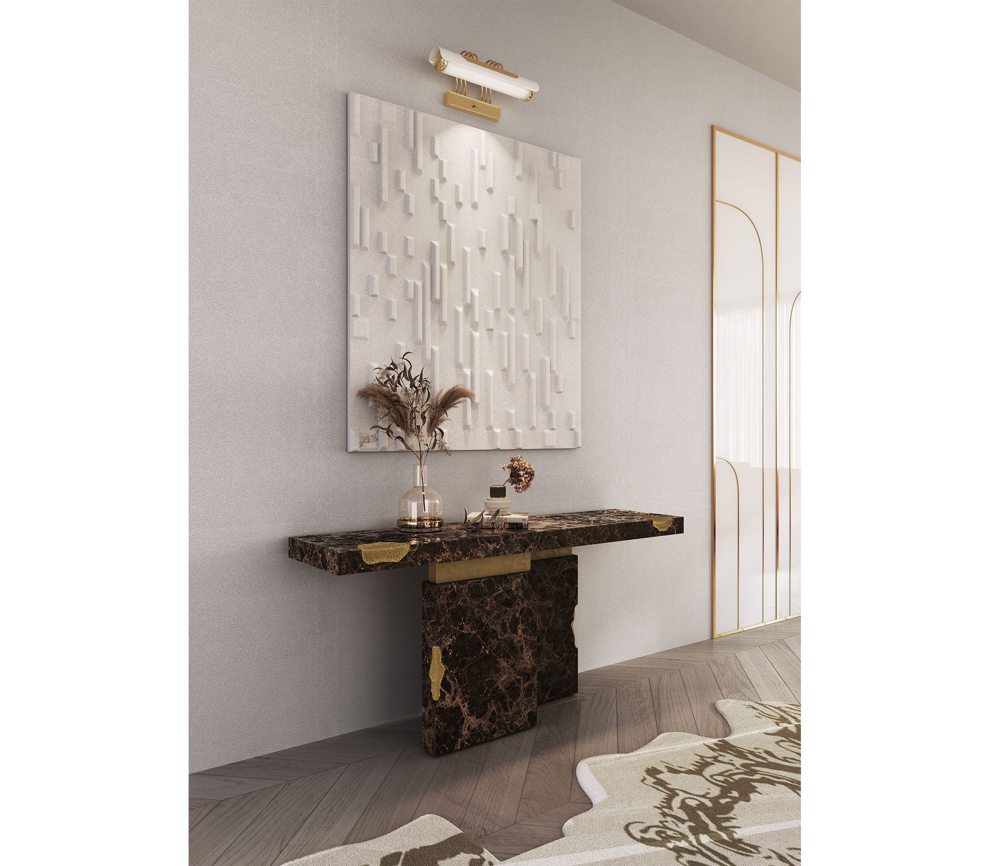 Brass Mirrored Gold Sculptural Form Cabinet Entryway