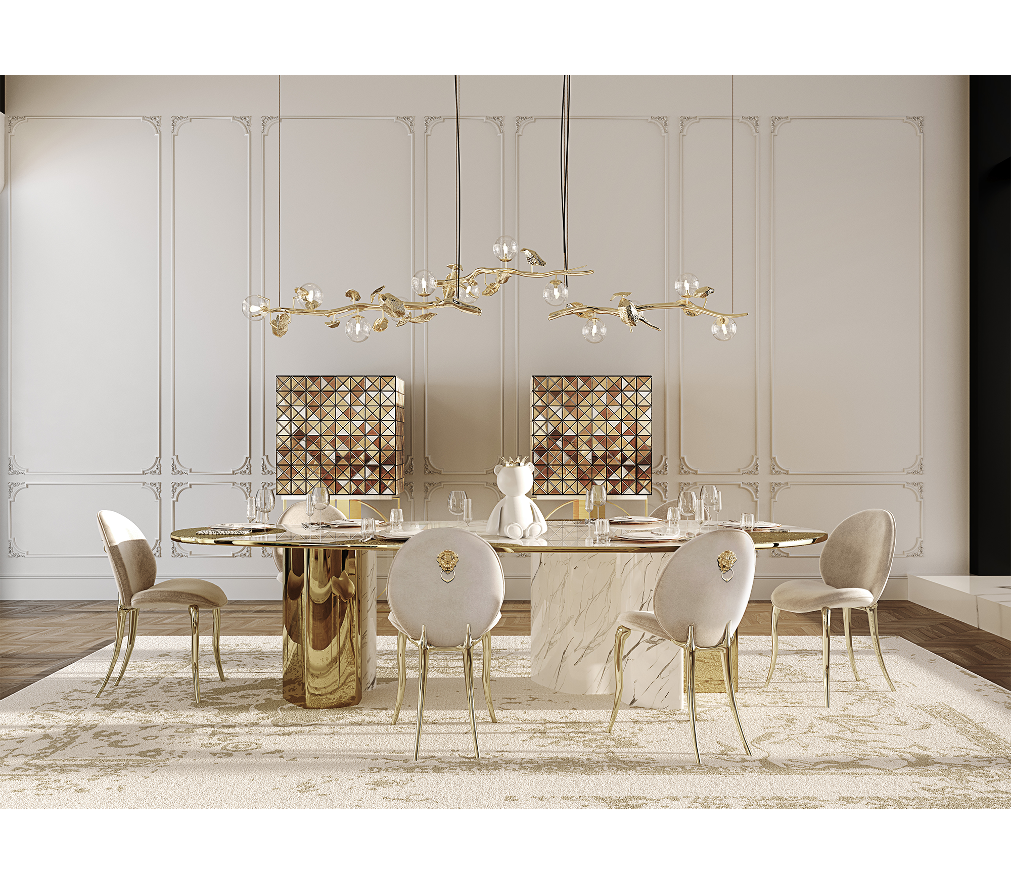 Ophelia Oval Carrara Marble and Gold Dining Table