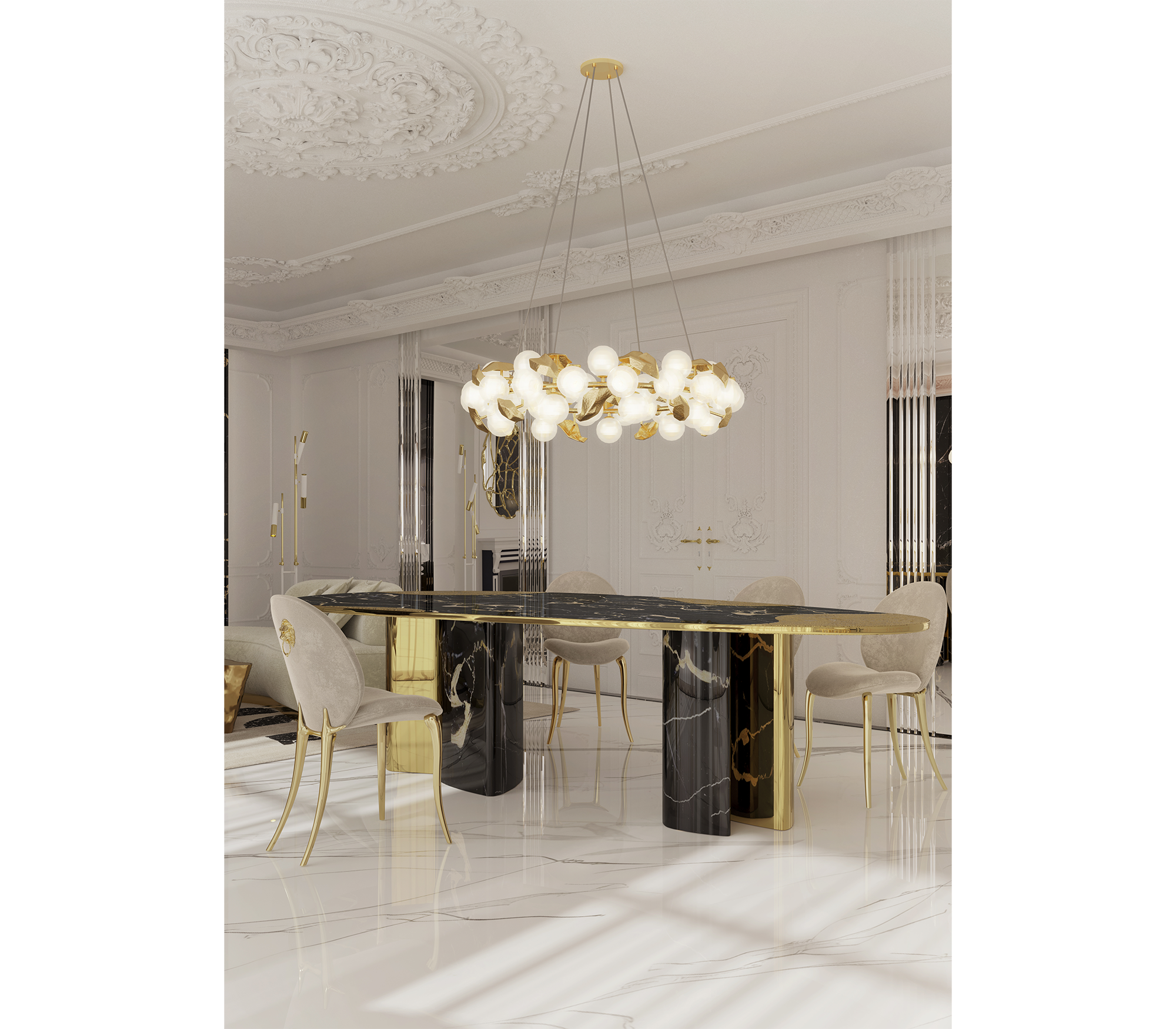 Ophelia Oval Carrara Marble and Gold Dining Table