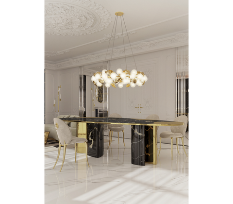 Ophelia Oval Carrara Marble and Gold Dining Table