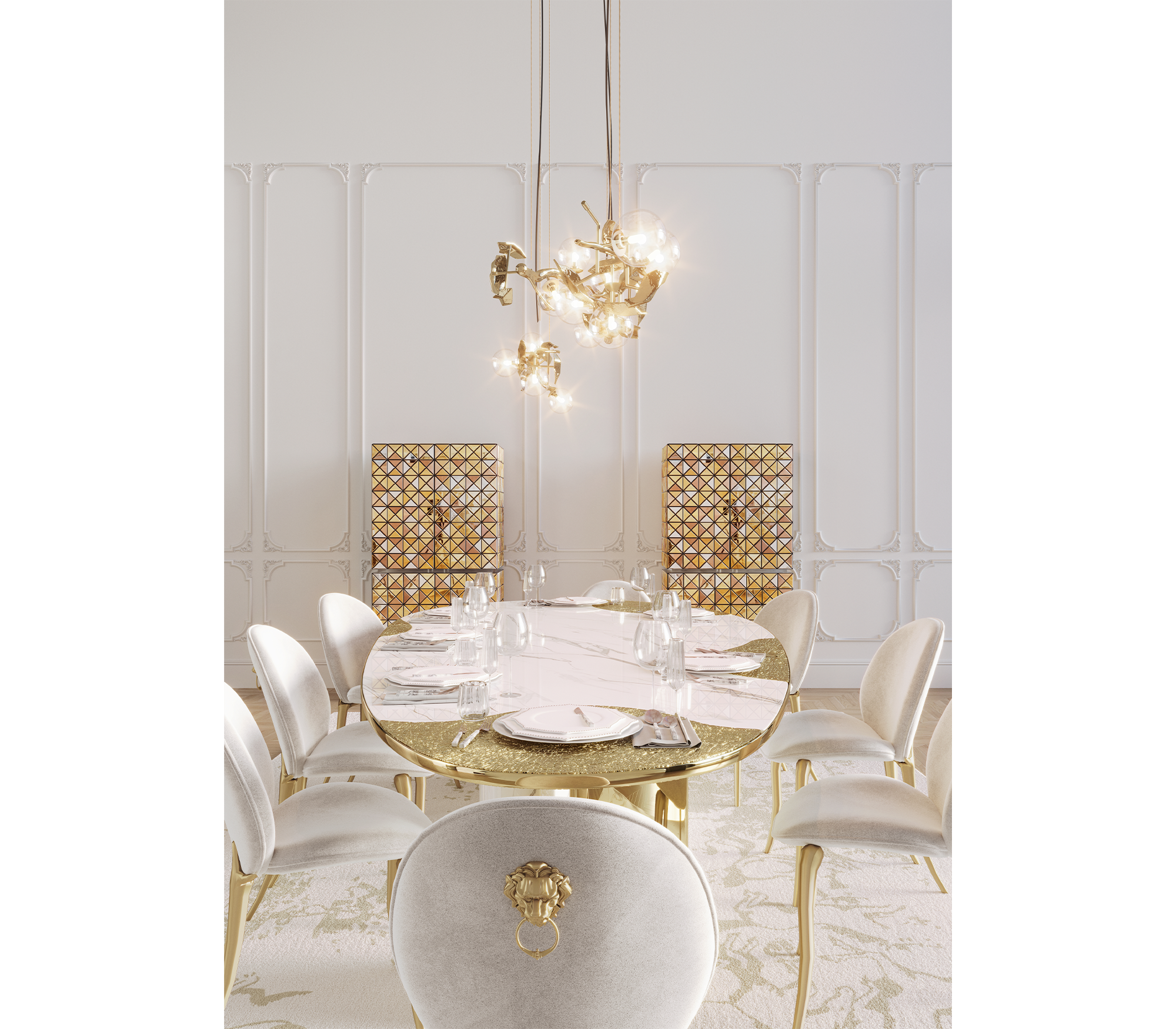 Ophelia Oval Carrara Marble and Gold Dining Table