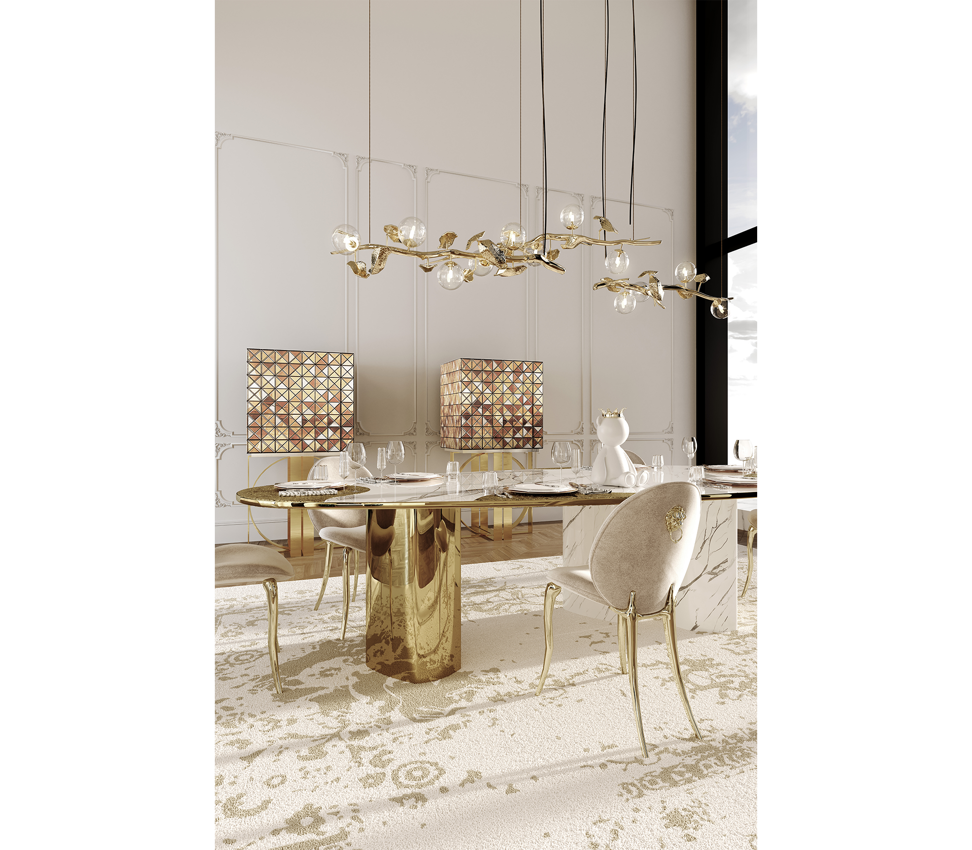 Ophelia Oval Carrara Marble and Gold Dining Table
