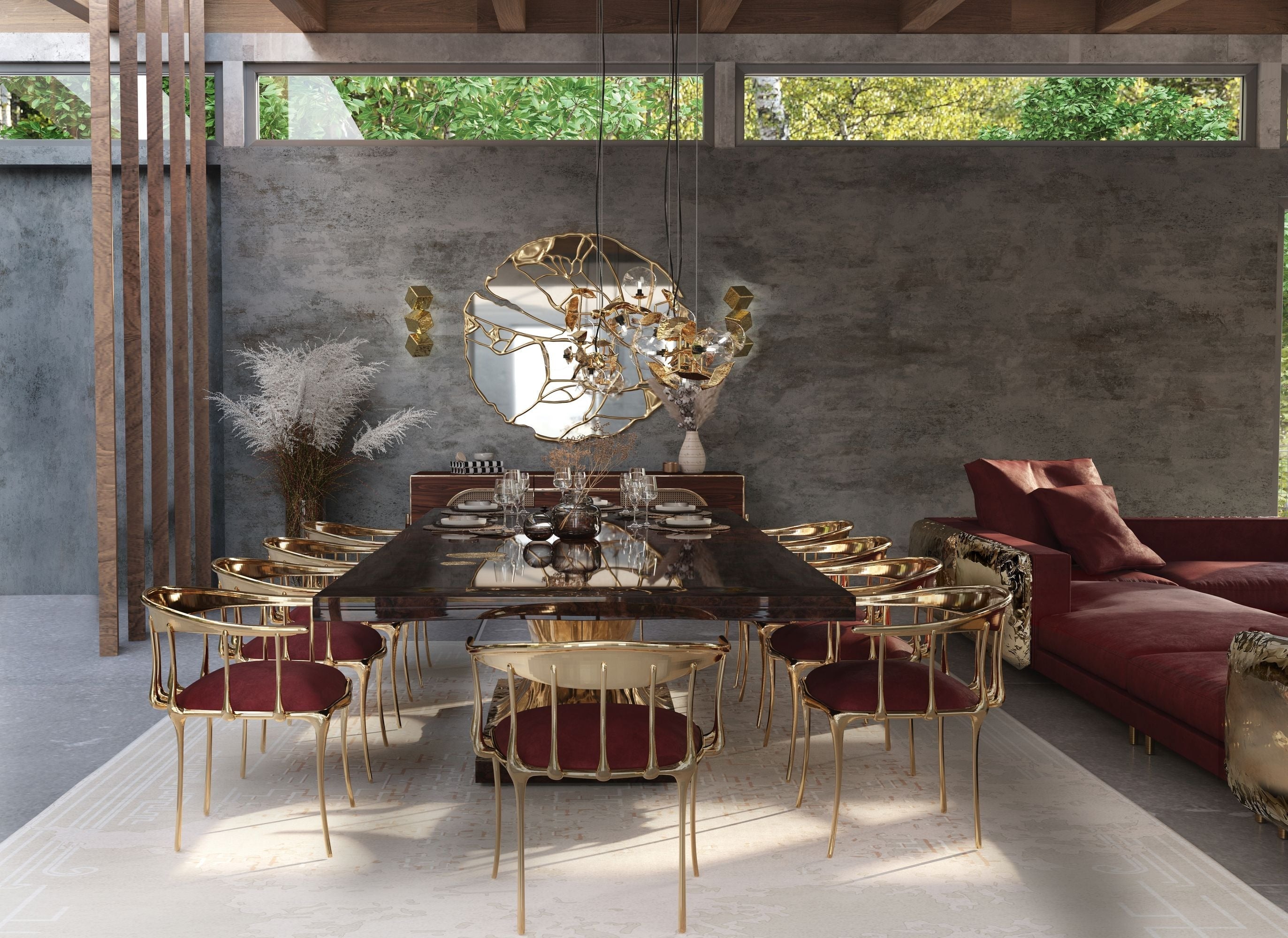 No 11 Burgundy Velvet Polished Gold Surrealist Dining Chair