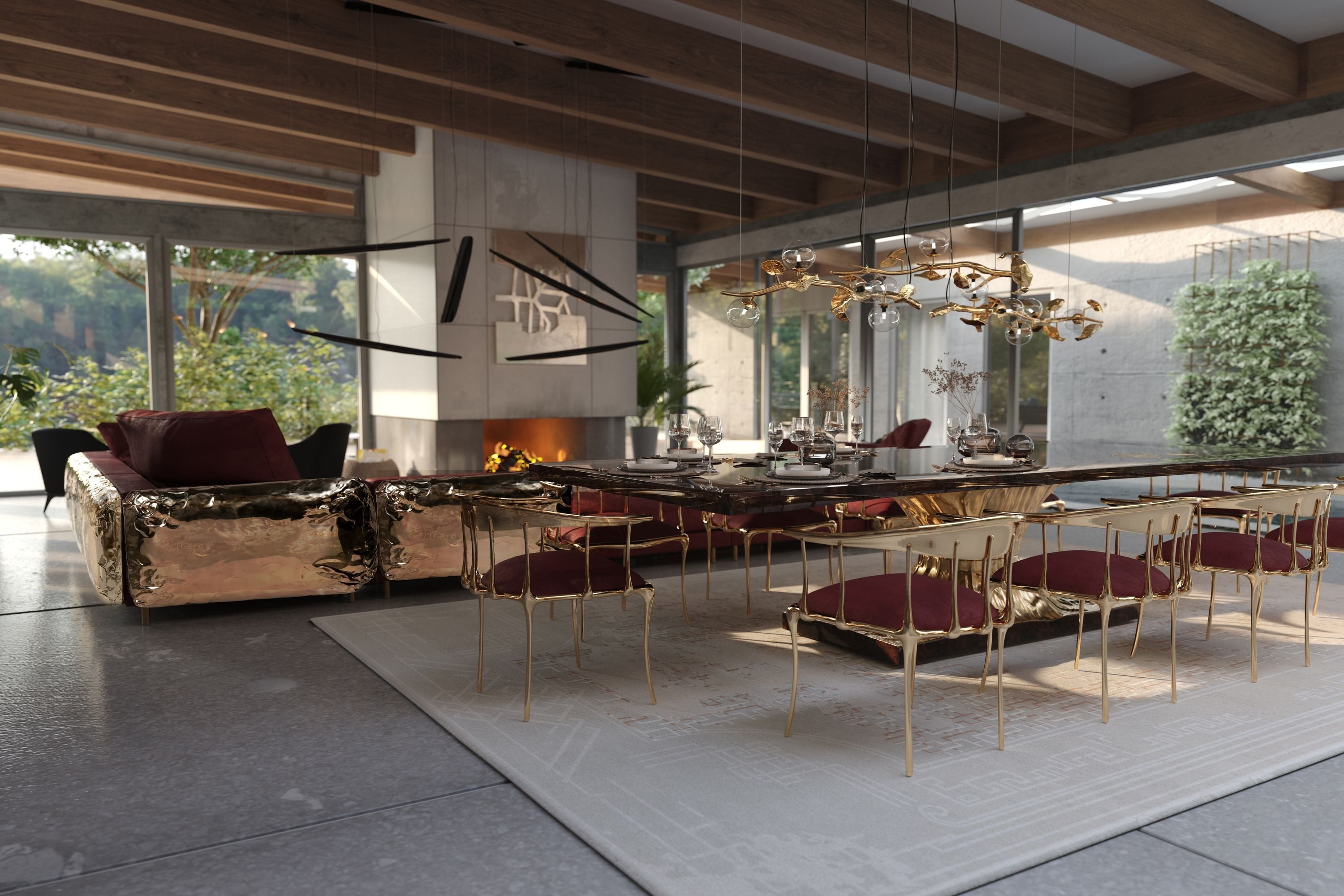 No 11 Burgundy Velvet Polished Gold Surrealist Dining Chair