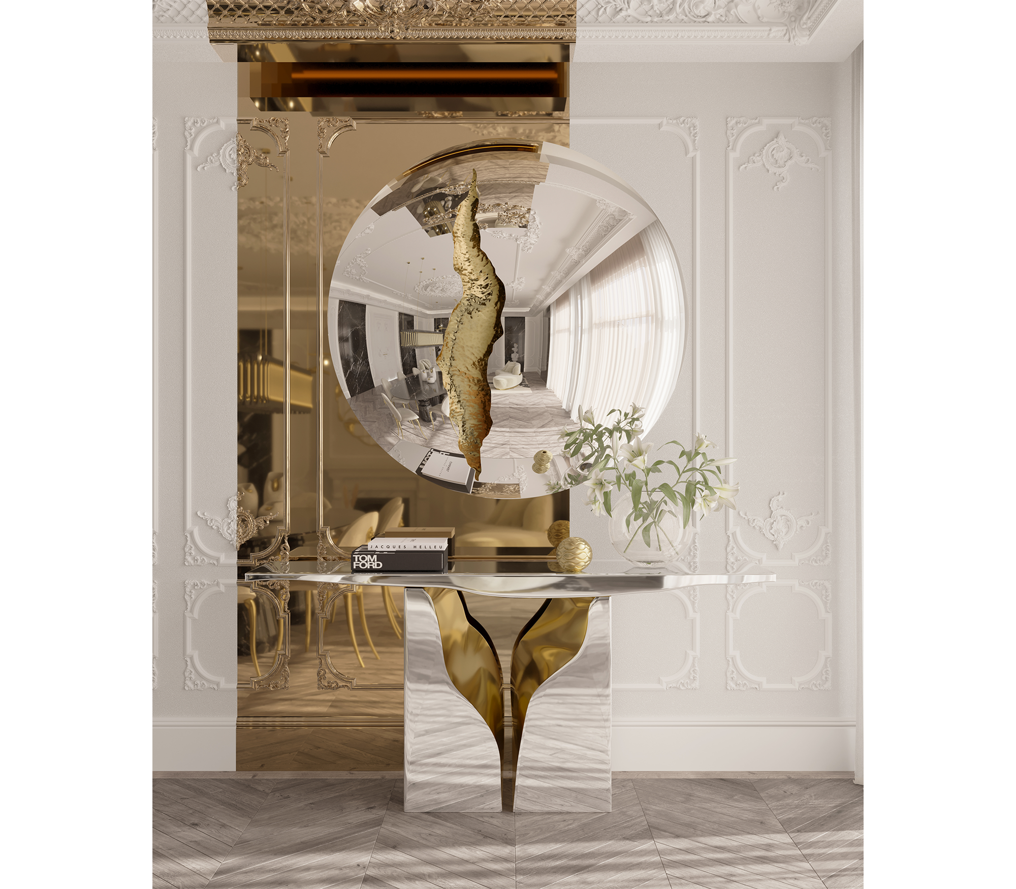 Brass Wood White Cabinet for Entryway