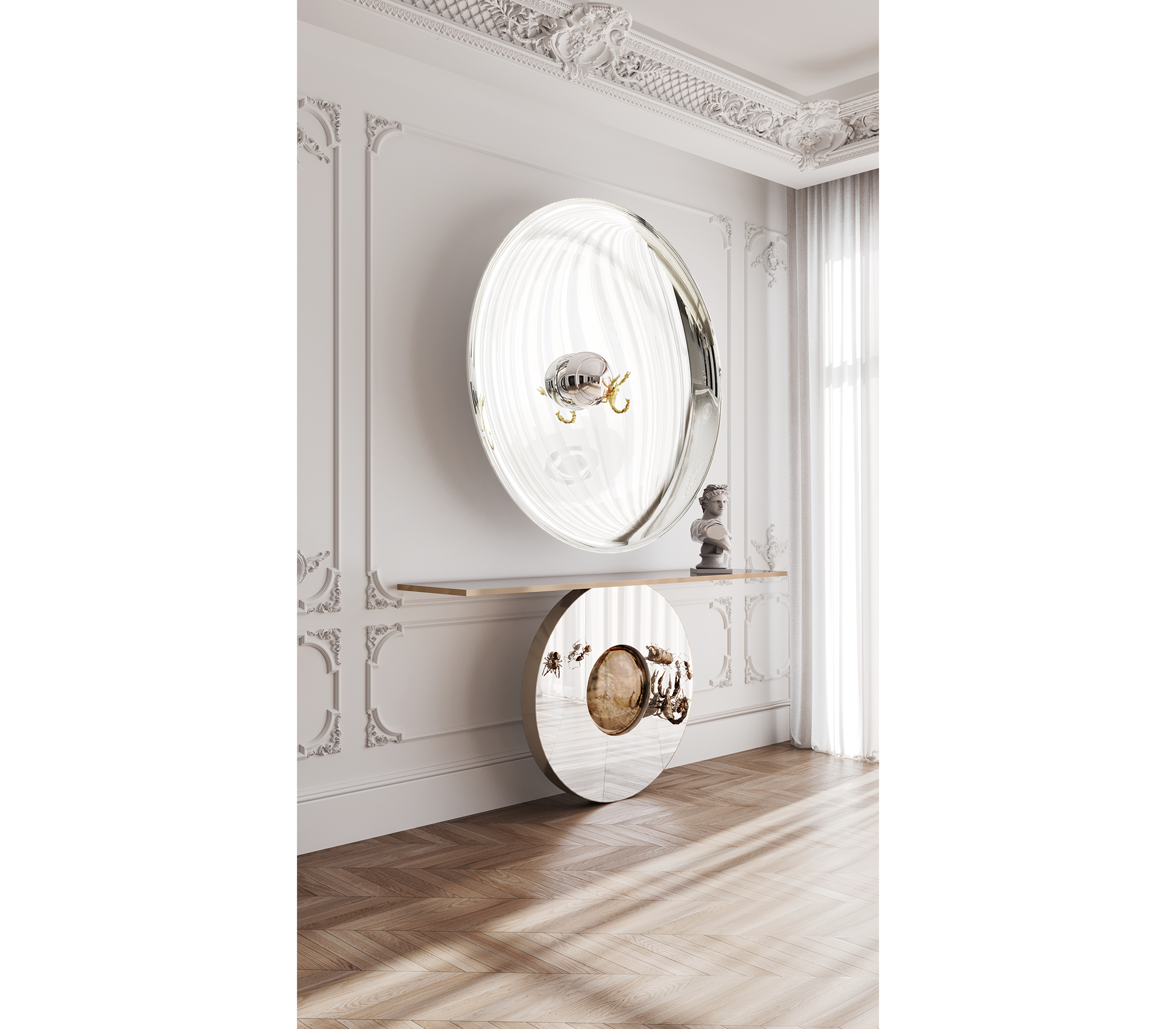 Brass Mirrored Gold Sculptural Form Cabinet