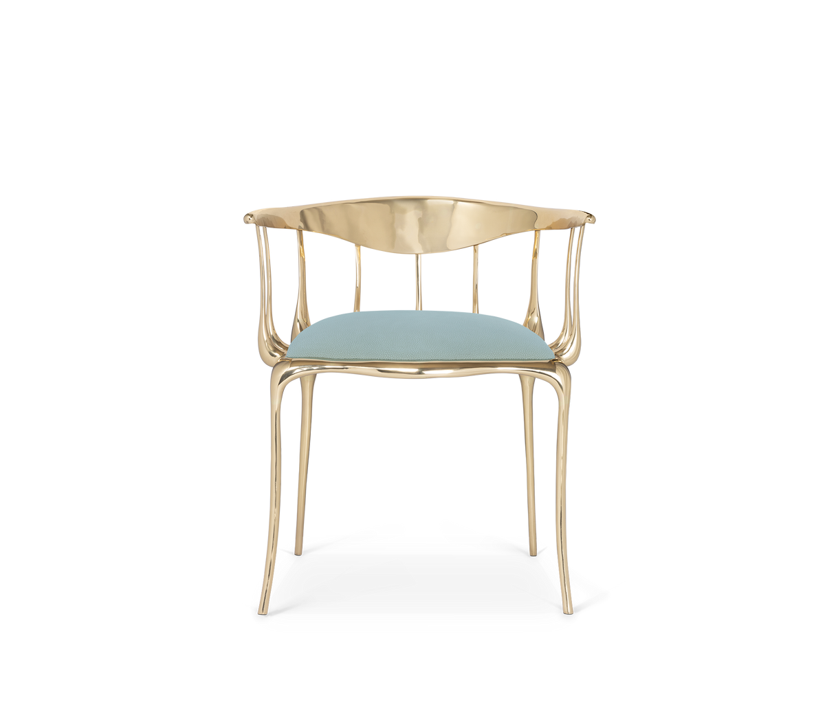 Brass Mirrored Blue Sculptural Form Dining Chair