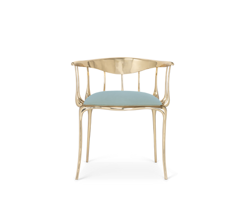 Brass Mirrored Blue Sculptural Form Dining Chair