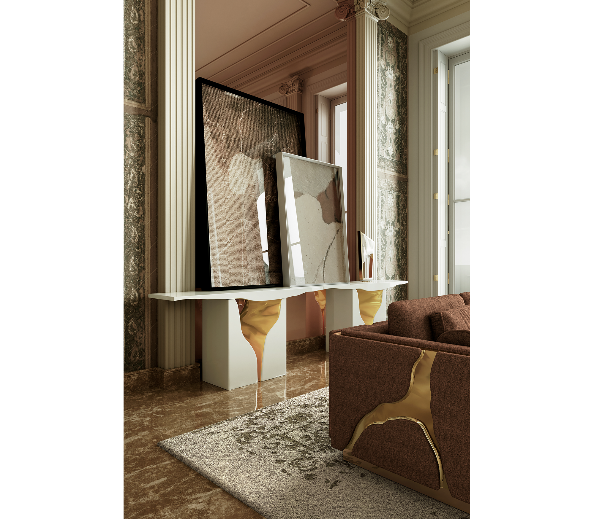 Brass Wood White Cabinet for Entryway
