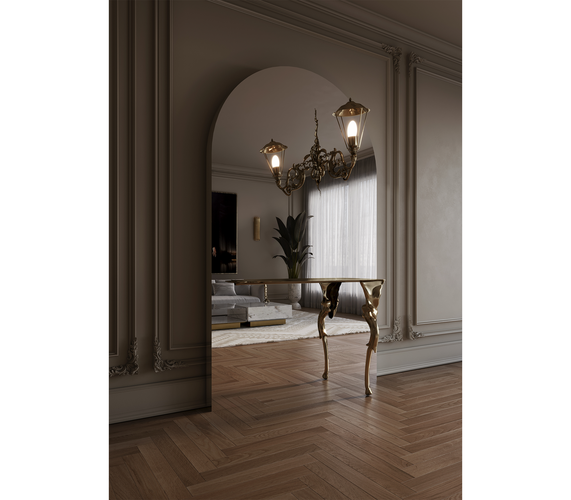 Brass Glass Gold Sculptural Form Console Table