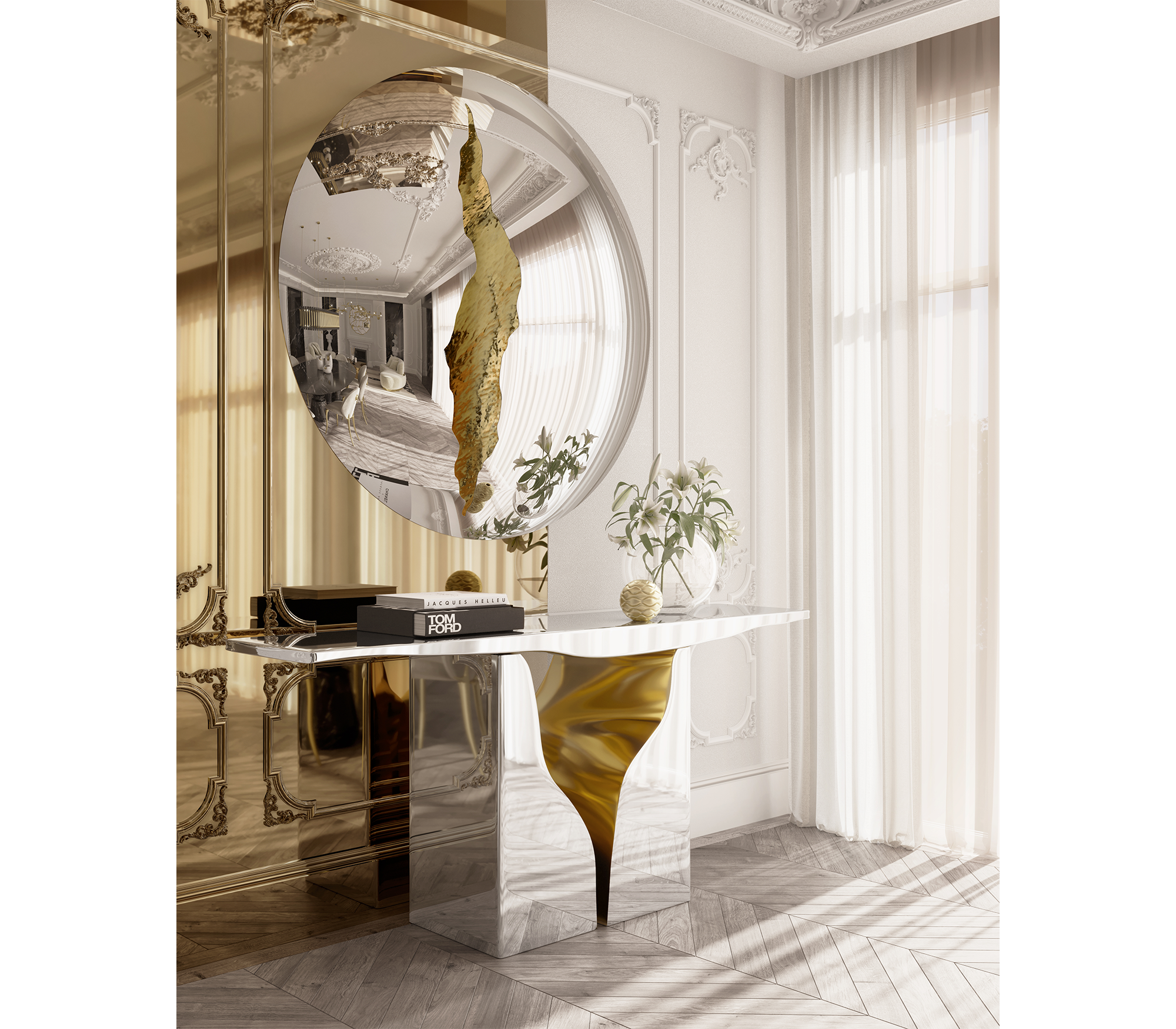 Brass Wood White Cabinet for Entryway