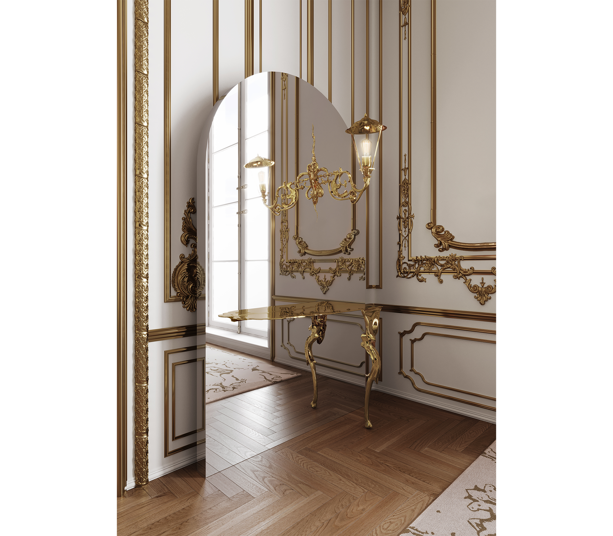 Brass Glass Gold Sculptural Form Console Table