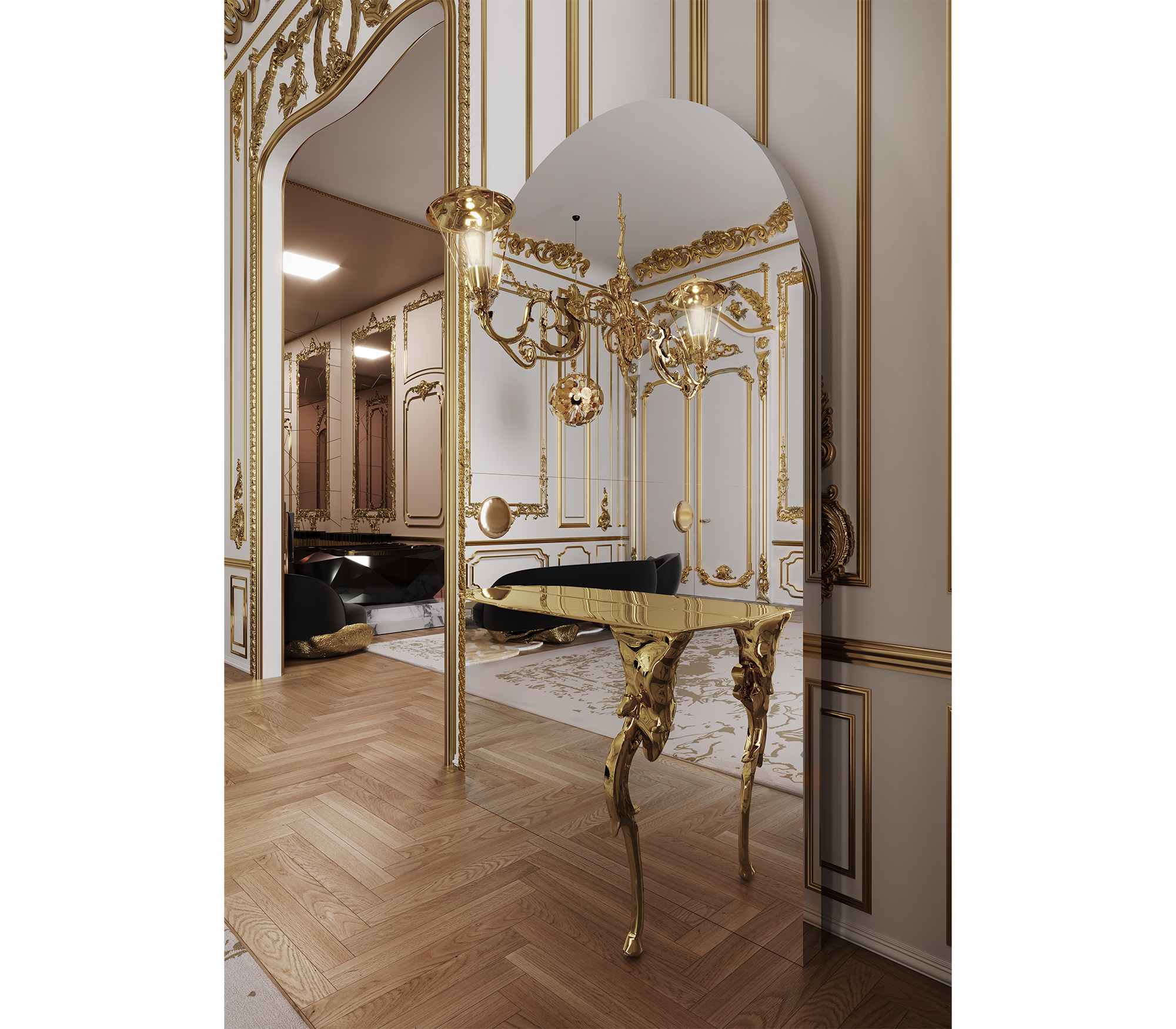Brass Glass Gold Sculptural Form Console Table