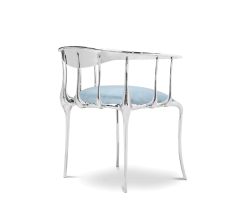 Brass Mirrored Blue Sculptural Form Dining Chair