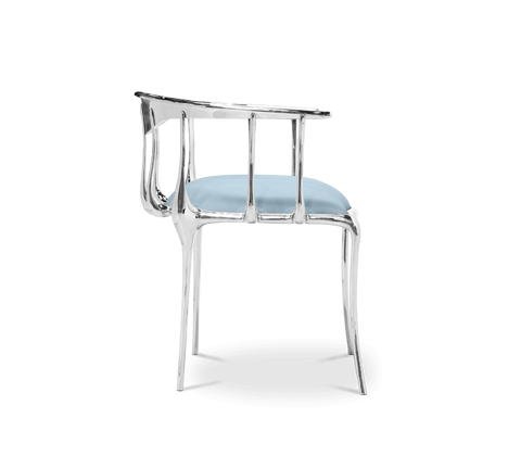 Brass Mirrored Blue Sculptural Form Dining Chair