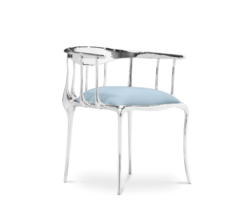Brass Mirrored Blue Sculptural Form Dining Chair