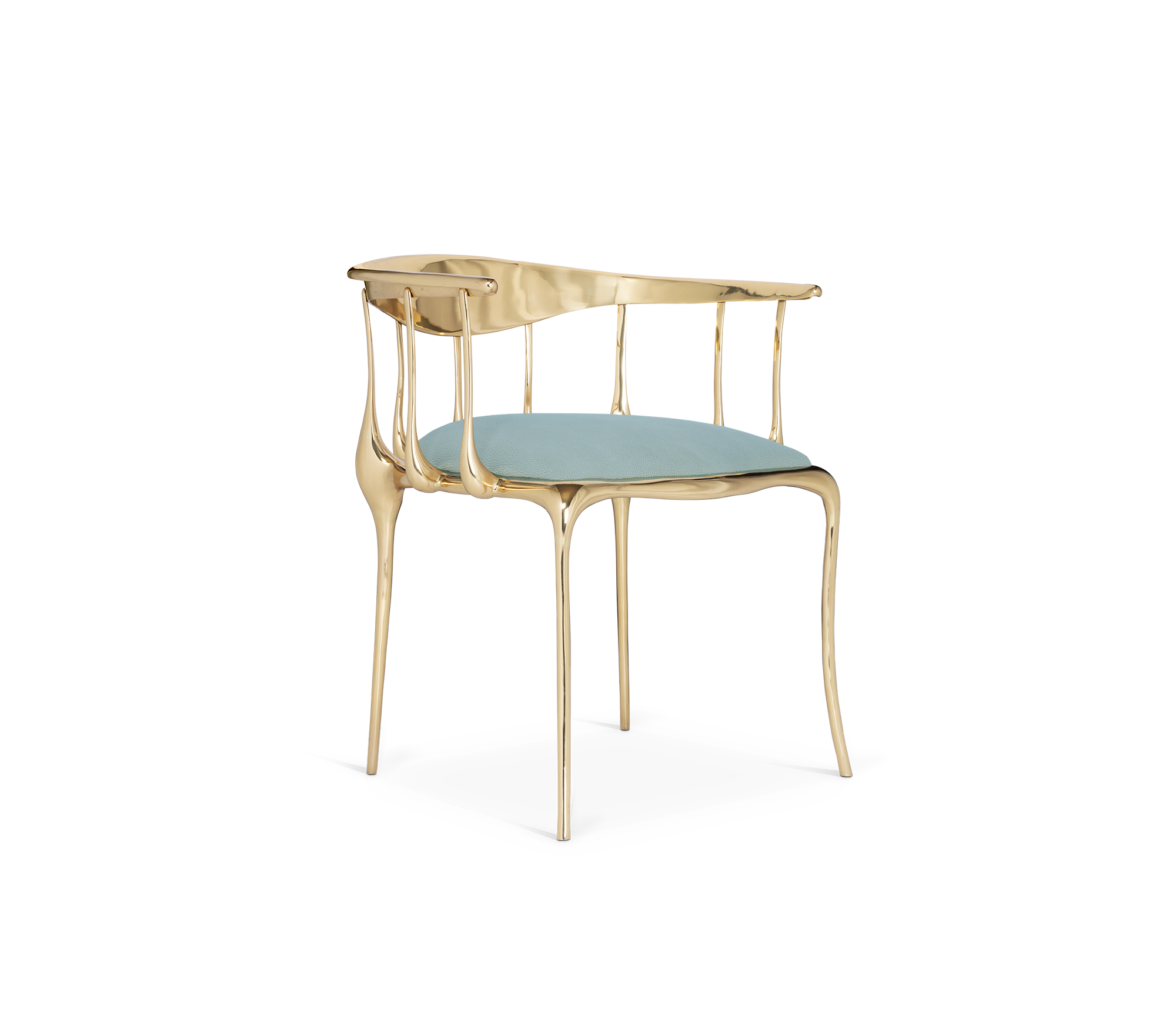 Brass Mirrored Blue Sculptural Form Dining Chair