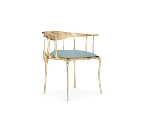 Brass Mirrored Blue Sculptural Form Dining Chair