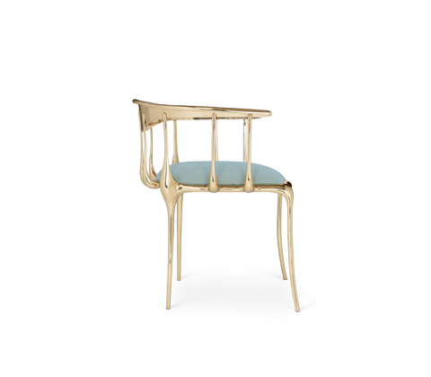 Brass Mirrored Blue Sculptural Form Dining Chair