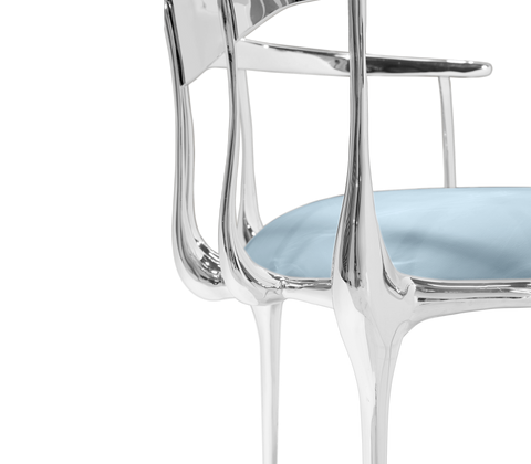 Brass Mirrored Blue Sculptural Form Dining Chair