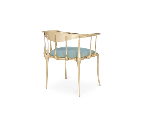 Brass Mirrored Blue Sculptural Form Dining Chair