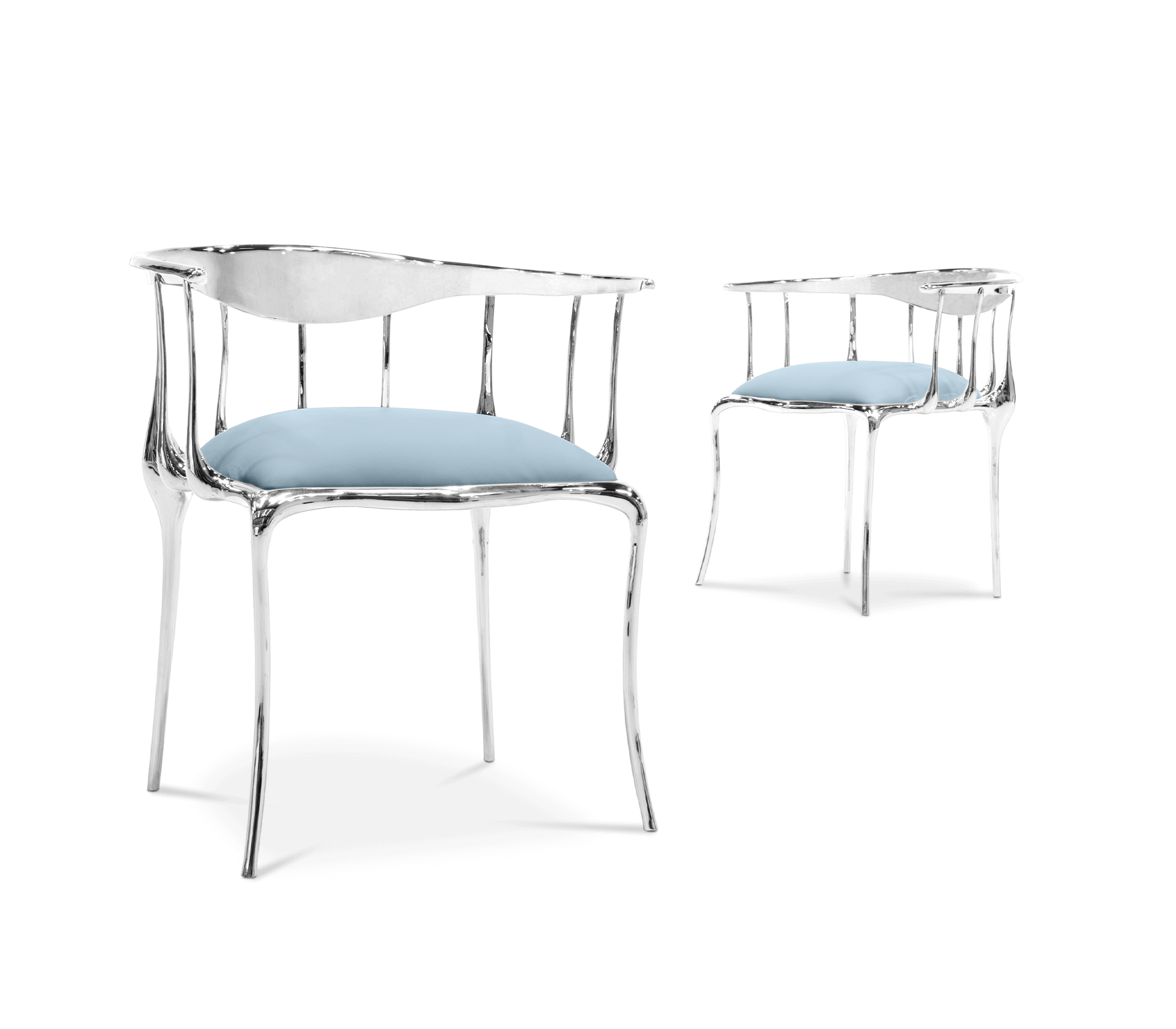 Brass Mirrored Blue Sculptural Form Dining Chair