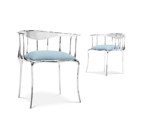 Brass Mirrored Blue Sculptural Form Dining Chair