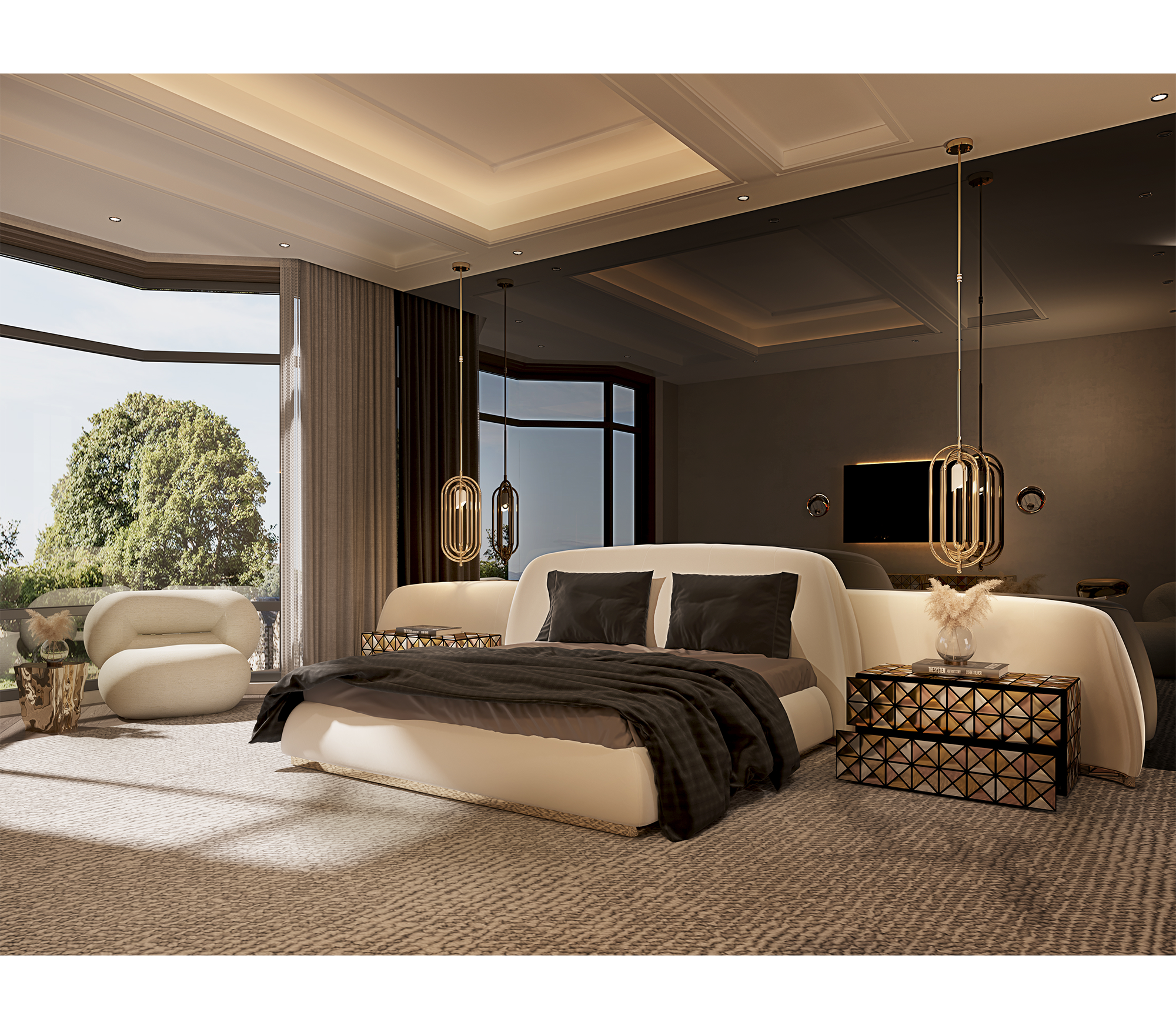 Odette Curved Velvet Polished Brass King Bed