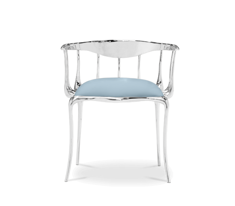 Brass Mirrored Blue Sculptural Form Dining Chair