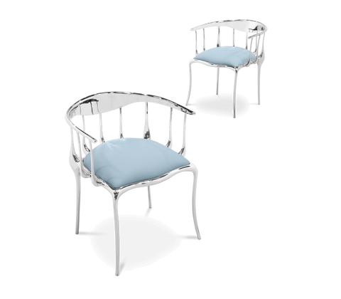 Brass Mirrored Blue Sculptural Form Dining Chair