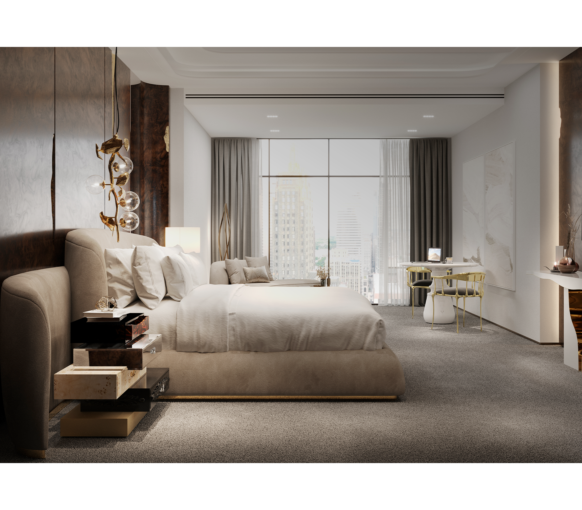 Odette Curved Velvet Polished Brass King Bed
