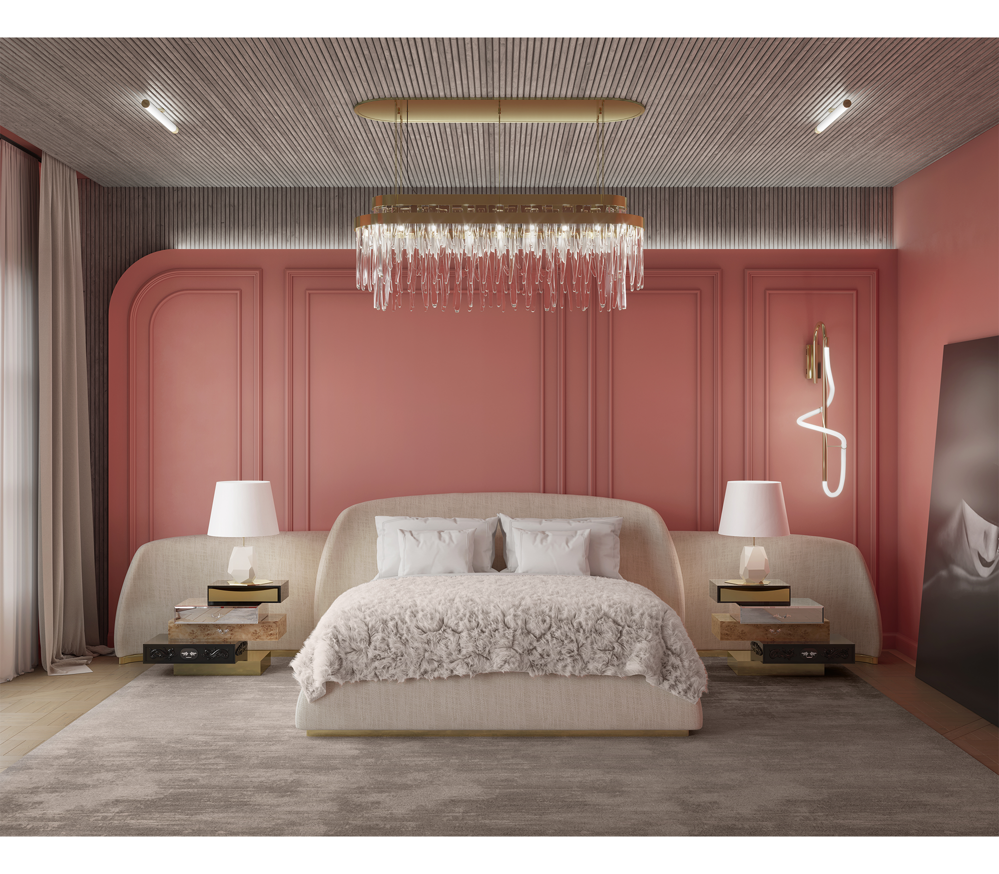 Odette Curved Velvet Polished Brass King Bed